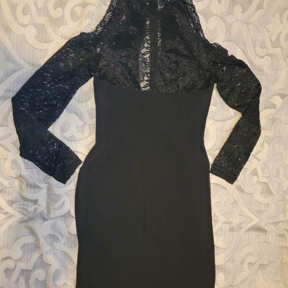 Lace open shoulder black midi dress, size 10 - Picture 3 of 5